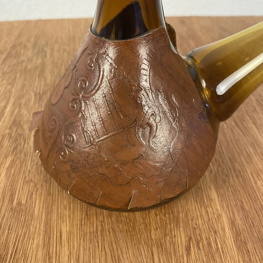 Vintage Spanish Amber Glass Porron Wine Decanter Leather Wrapped Recuerdo Espana